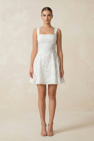 Square Neck A - Line Lace Mini Wedding Dress in White - KISS BRIDAL Wedding Dresses