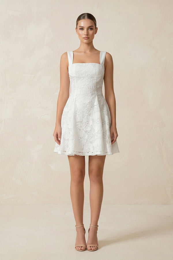 Square Neck A - Line Lace Mini Wedding Dress in White - KISS BRIDAL Wedding Dresses