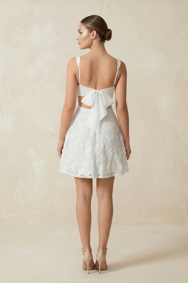 Square Neck A - Line Lace Mini Wedding Dress in White - KISS BRIDAL Wedding Dresses