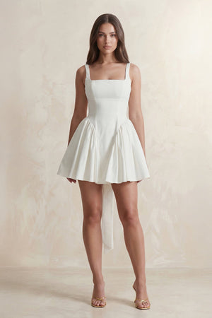 Square Neck A - Line Ruffled Mini Wedding Dress With Back Bow in Ivory - KISS BRIDAL Wedding Dresses