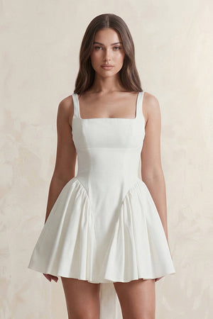 Square Neck A - Line Ruffled Mini Wedding Dress With Back Bow in Ivory - KISS BRIDAL Wedding Dresses