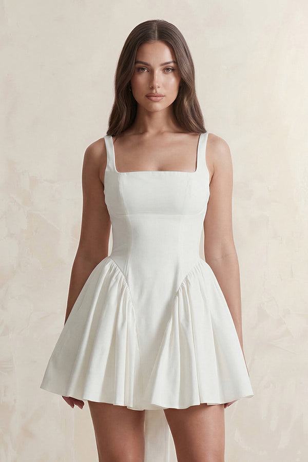 Square Neck A - Line Ruffled Mini Wedding Dress With Back Bow in Ivory - KISS BRIDAL Wedding Dresses