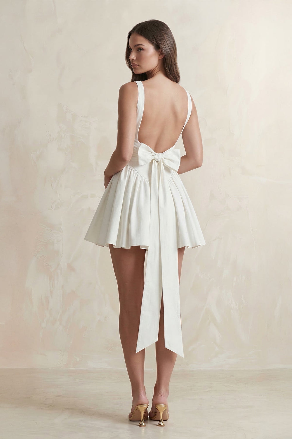 Square Neck A-Line Ruffled Mini Wedding Dress With Back Bow in Ivory