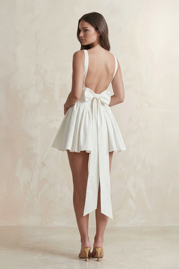 Square Neck A - Line Ruffled Mini Wedding Dress With Back Bow in Ivory - KISS BRIDAL Wedding Dresses