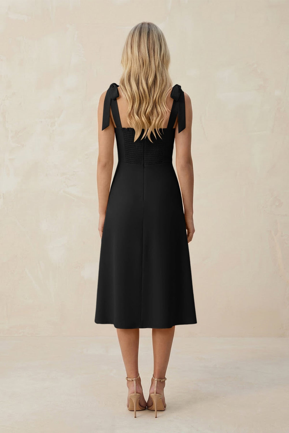 Square Neck A-Line Satin Midi Bridesmaid Dress With Bow in Black