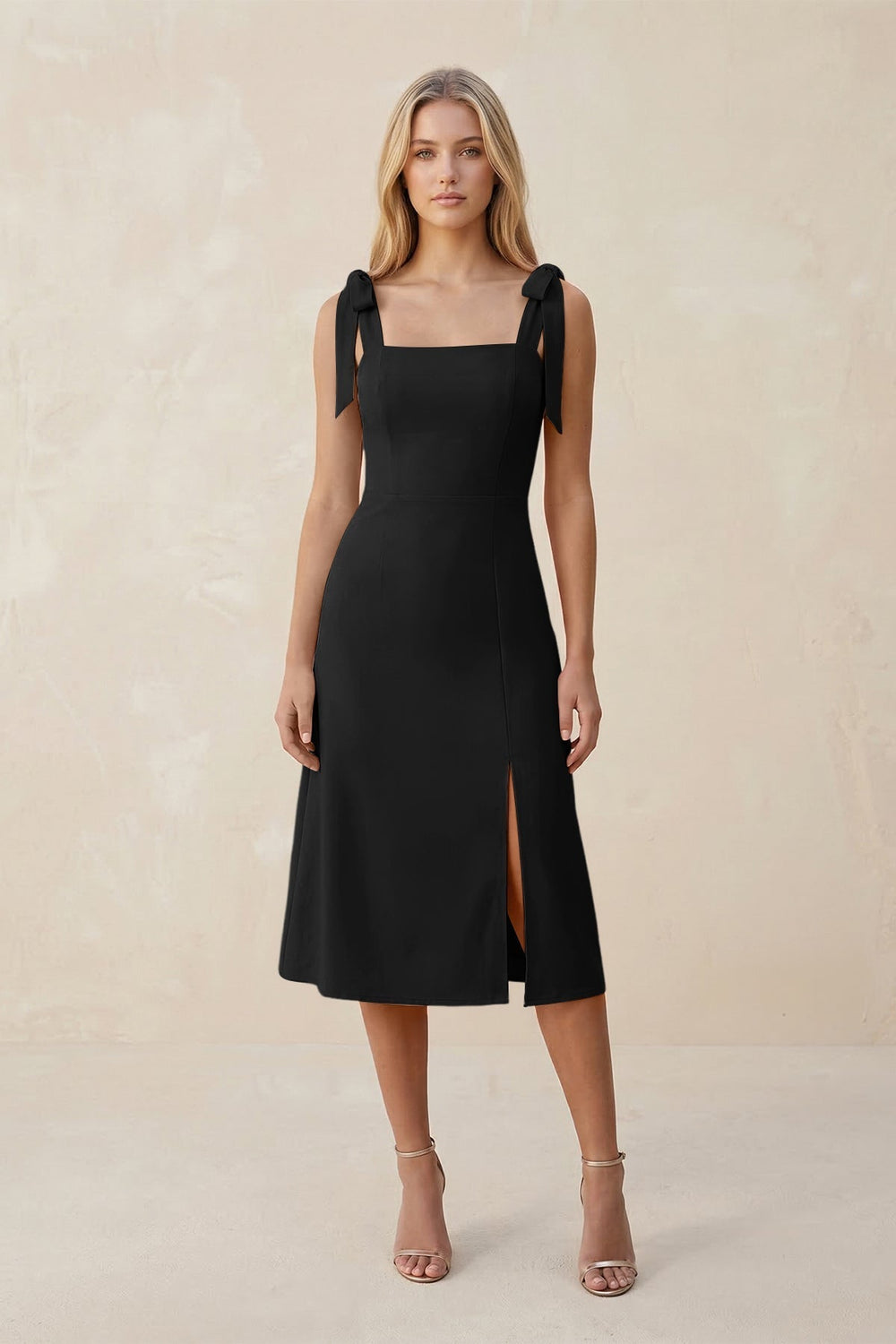 Square Neck A-Line Satin Midi Bridesmaid Dress With Bow in Black