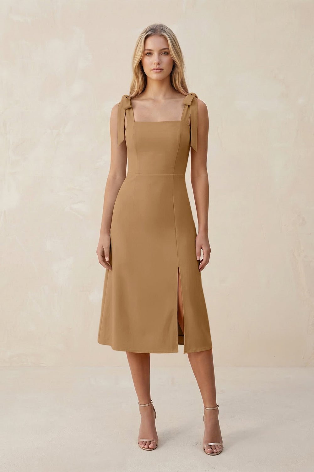 Square Neck A-Line Satin Midi Bridesmaid Dress With Bow in Bronzer