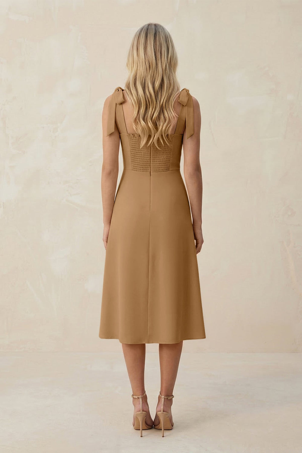 Square Neck A-Line Satin Midi Bridesmaid Dress With Bow in Bronzer