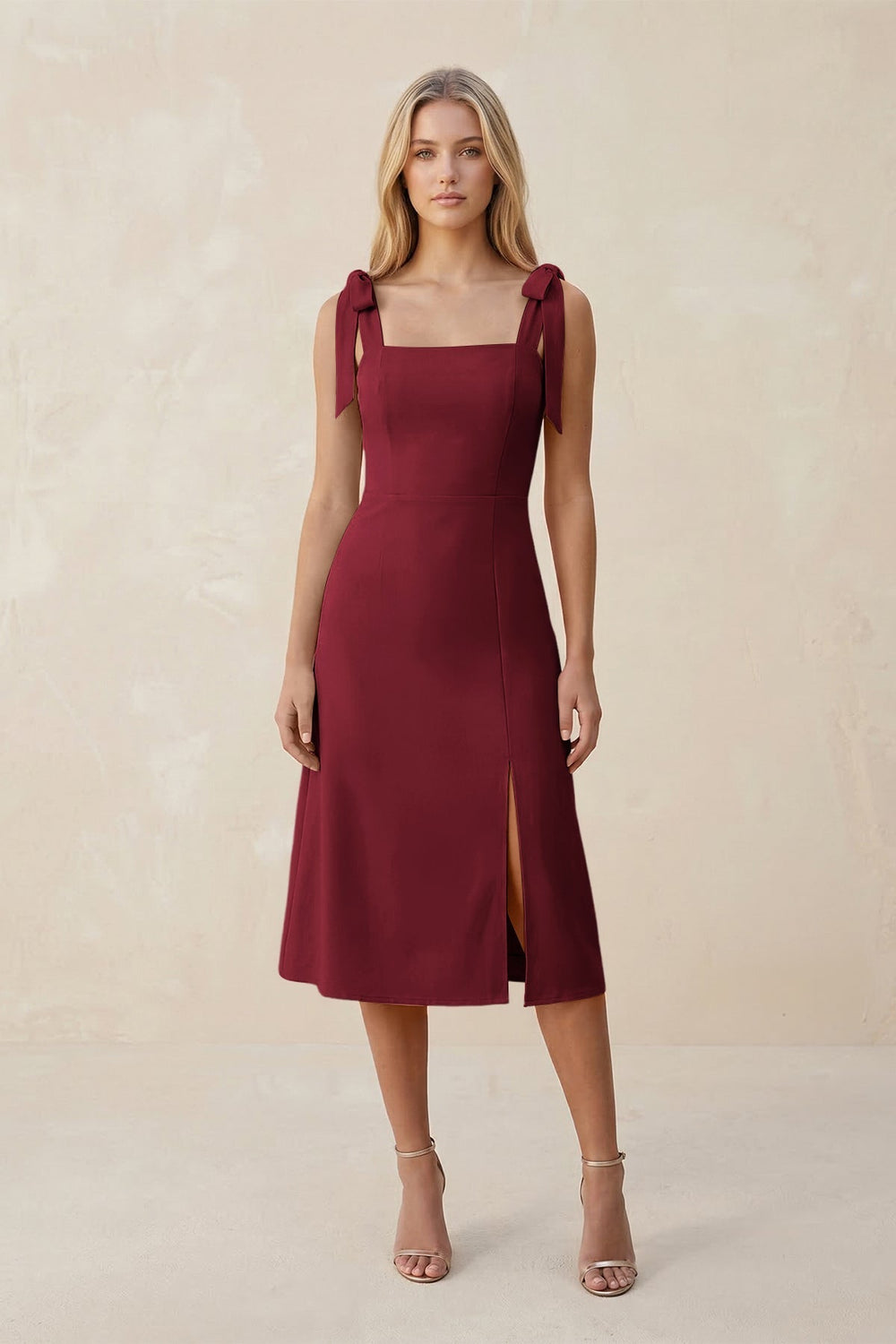 Square Neck A-Line Satin Midi Bridesmaid Dress With Bow in Burgundy