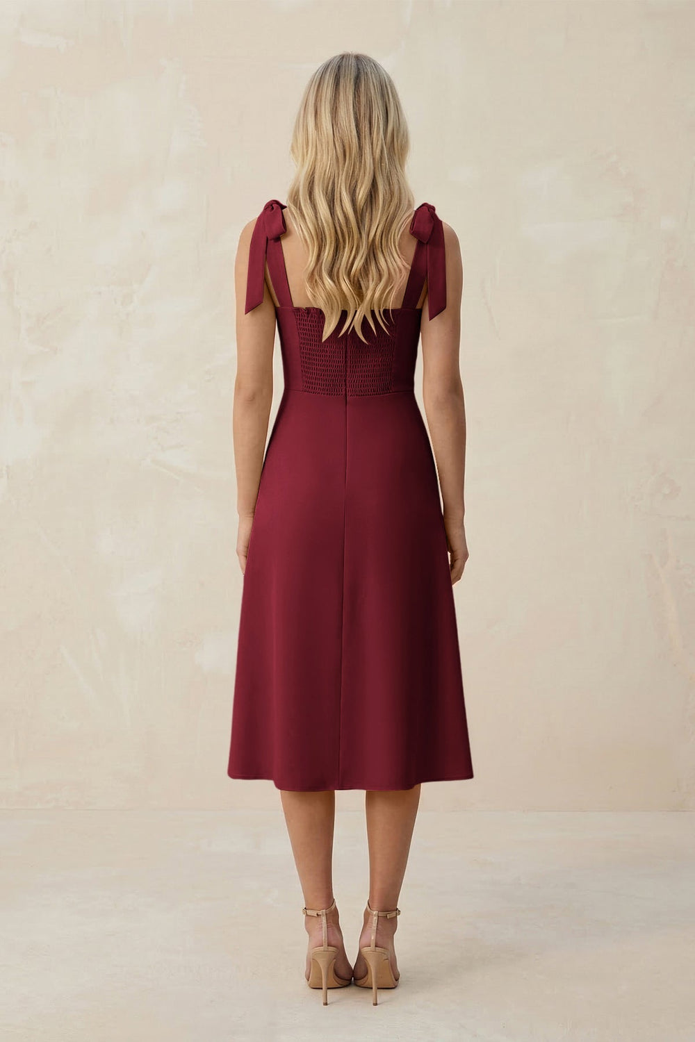 Square Neck A-Line Satin Midi Bridesmaid Dress With Bow in Burgundy