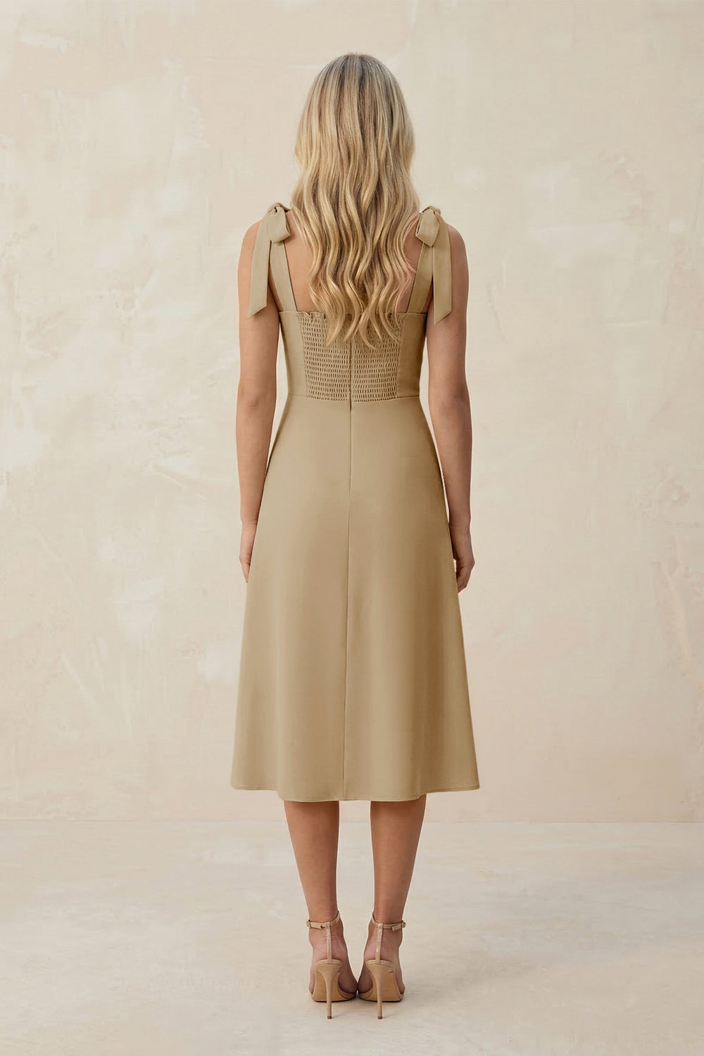 Square Neck A-Line Satin Midi Bridesmaid Dress With Bow in Champagne