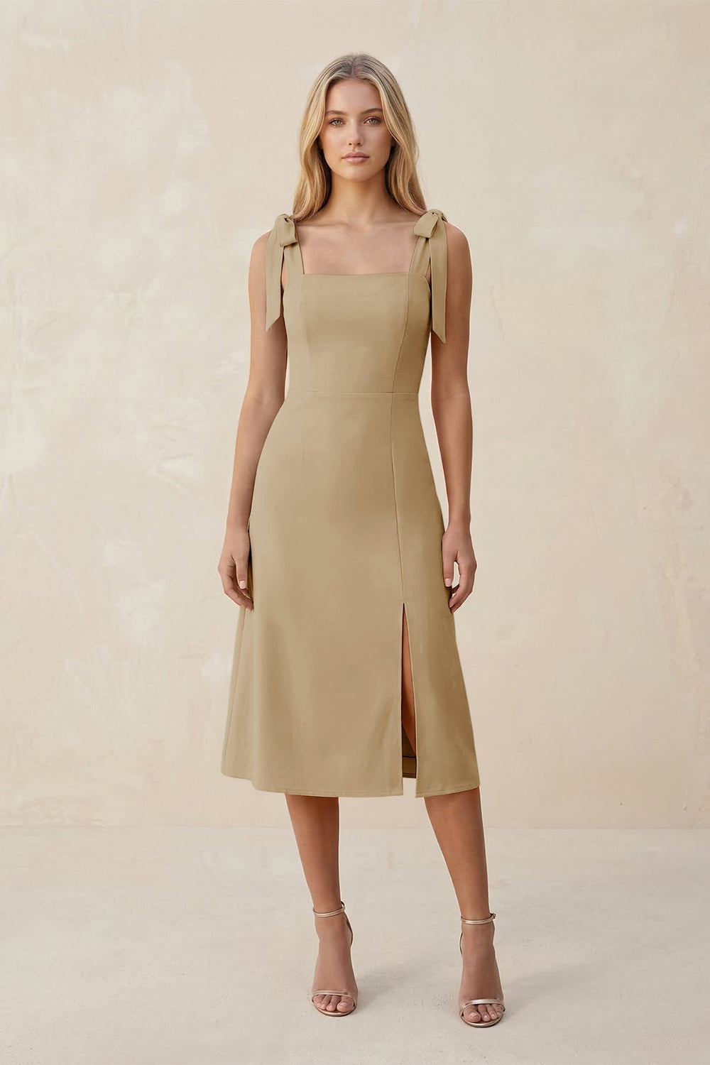 Square Neck A-Line Satin Midi Bridesmaid Dress With Bow in Champagne