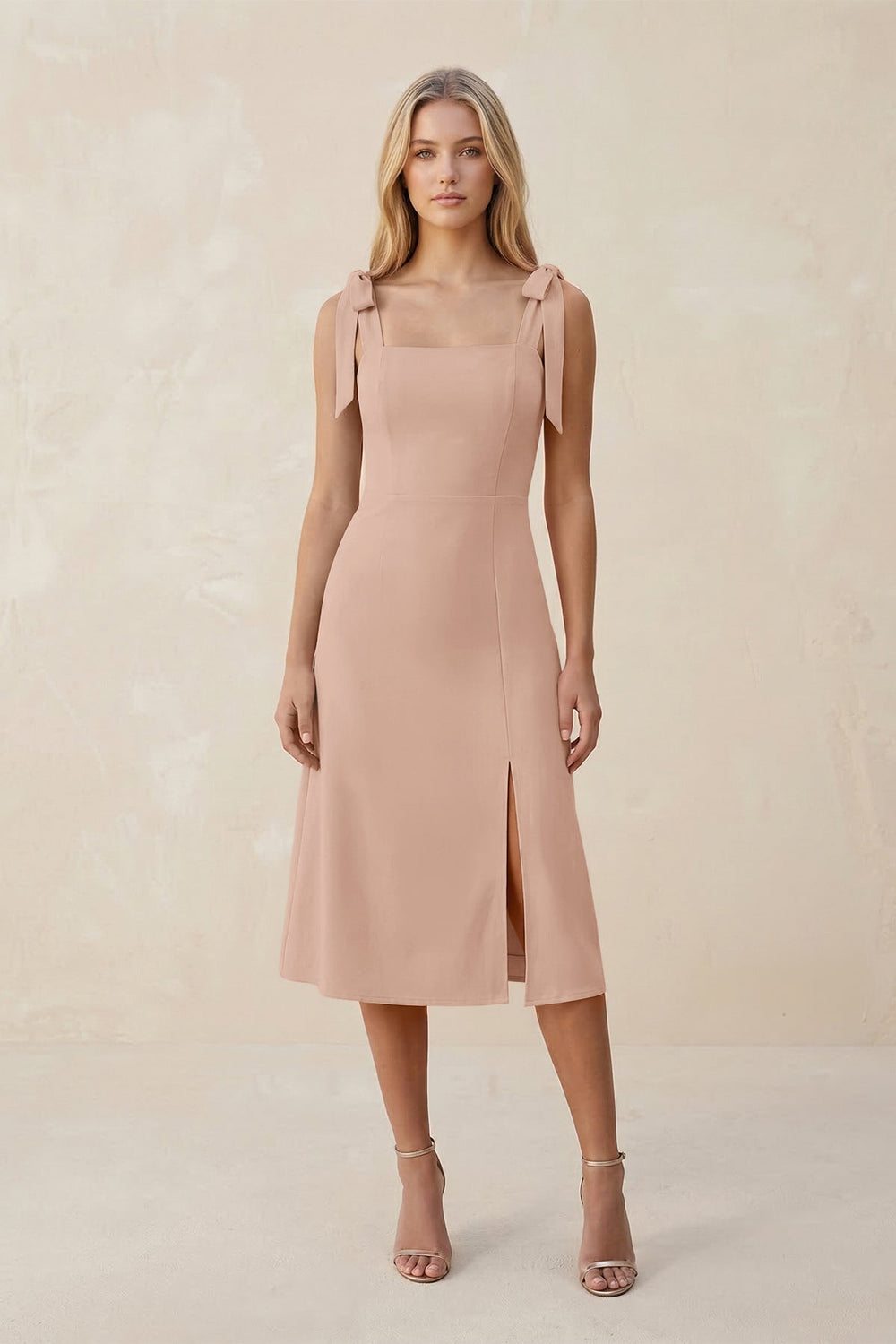 Square Neck A-Line Satin Midi Bridesmaid Dress With Bow in Champagne Rose