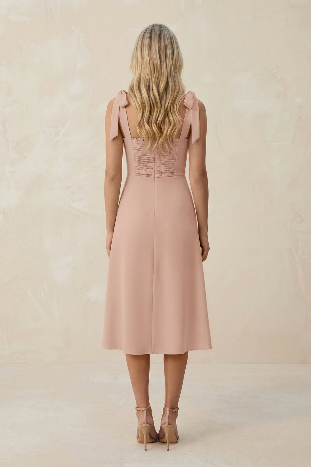 Square Neck A-Line Satin Midi Bridesmaid Dress With Bow in Champagne Rose