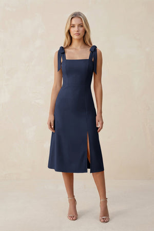 Square Neck A - Line Satin Midi Bridesmaid Dress With Bow in Dark Navy - KISS BRIDAL Bridesmaid Dresses