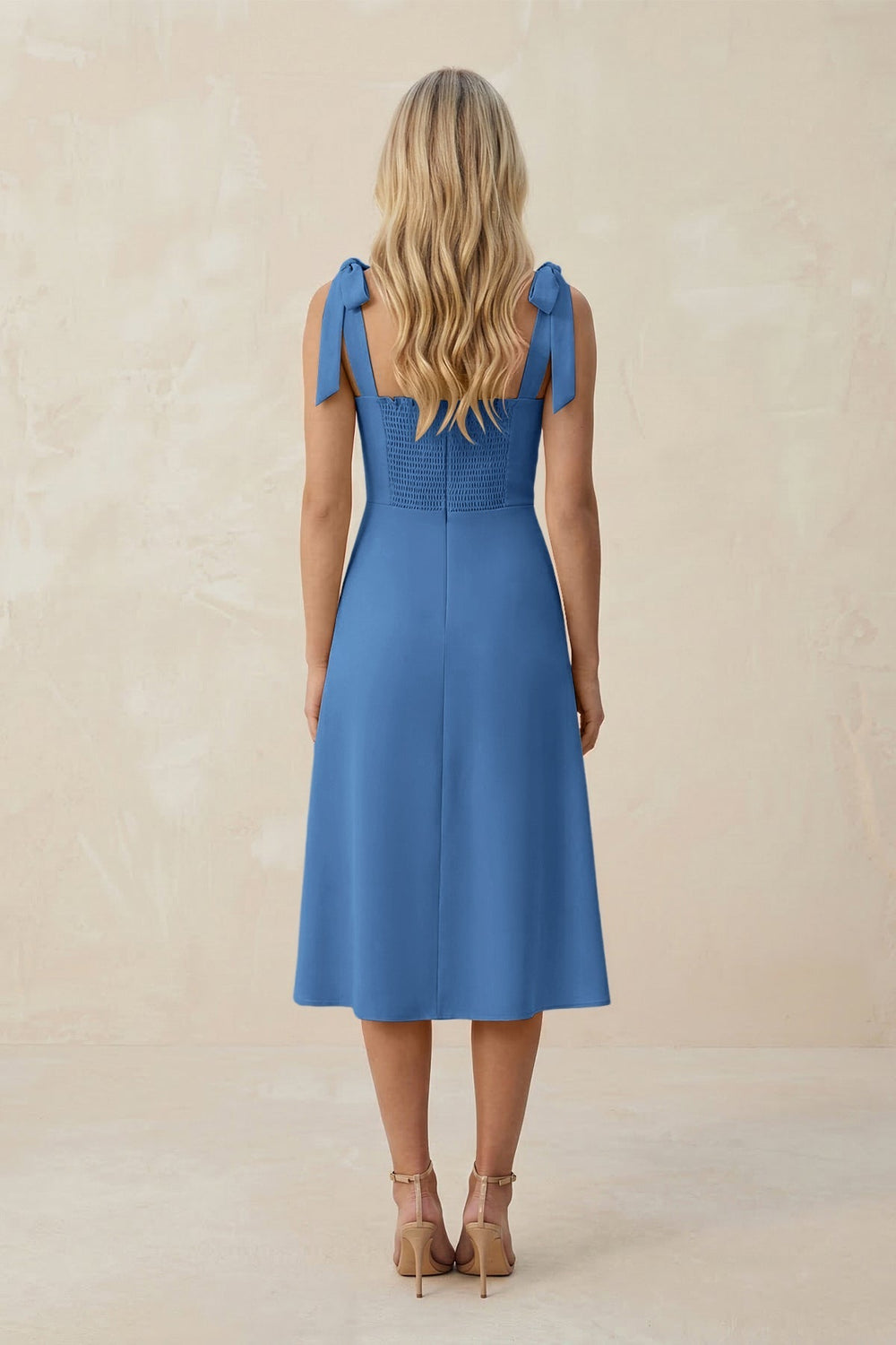 Square Neck A-Line Satin Midi Bridesmaid Dress With Bow in Dusty Blue