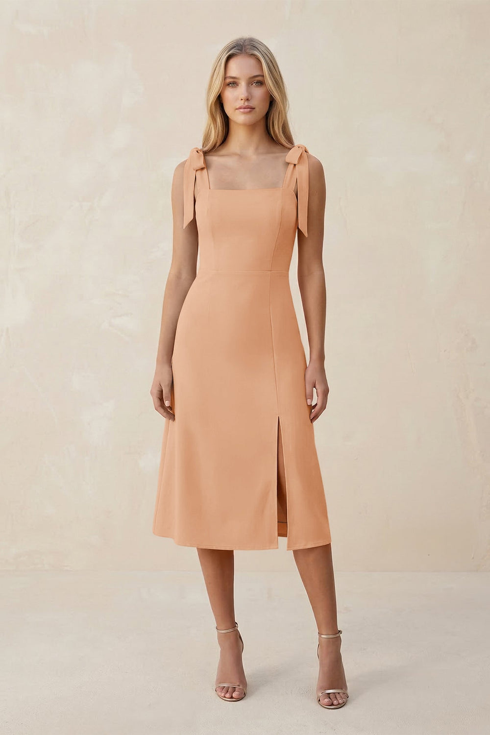 Square Neck A-Line Satin Midi Bridesmaid Dress With Bow in Golden Champagne