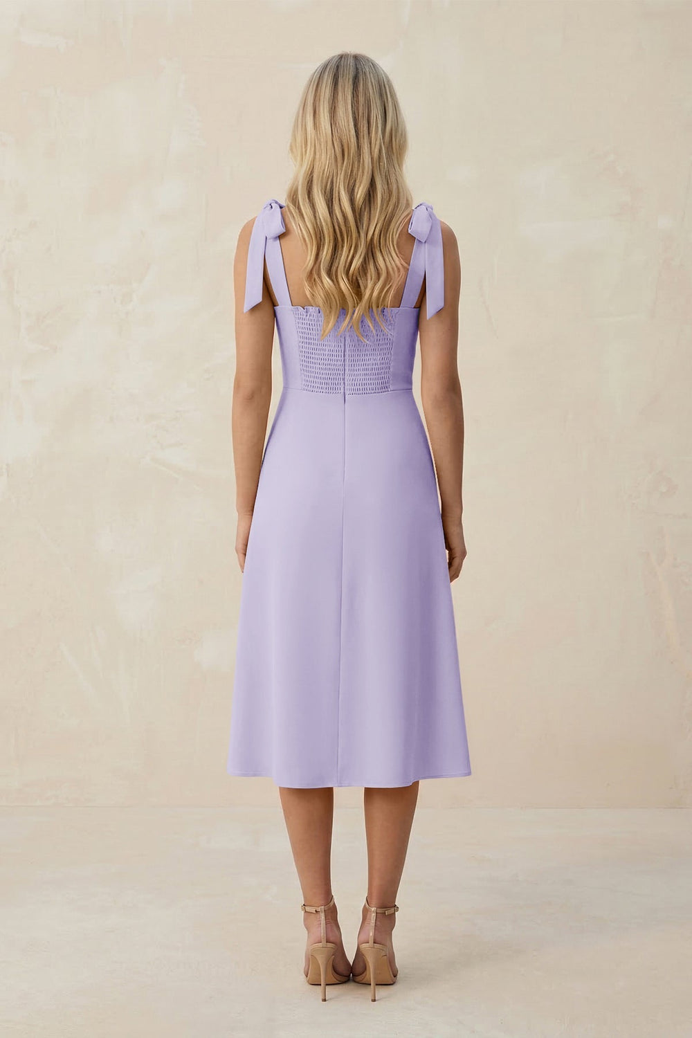 Square Neck A-Line Satin Midi Bridesmaid Dress With Bow in Lavender