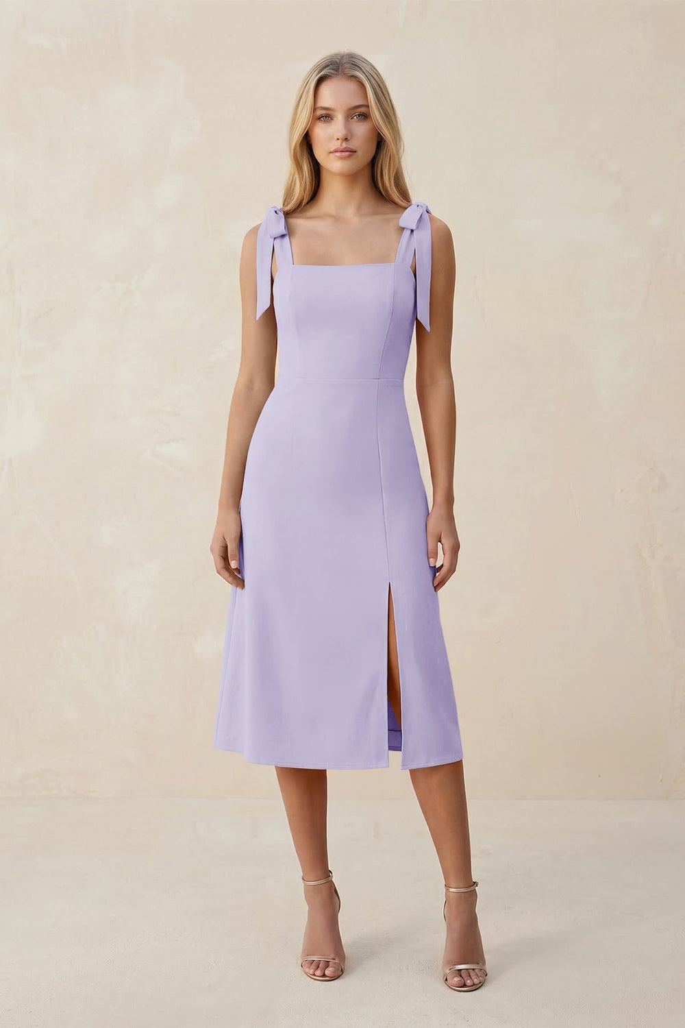 Square Neck A-Line Satin Midi Bridesmaid Dress With Bow in Lavender