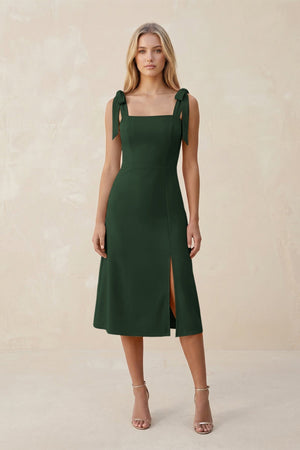 Square Neck A - Line Satin Midi Bridesmaid Dress With Bow in Moss - KISS BRIDAL Bridesmaid Dresses