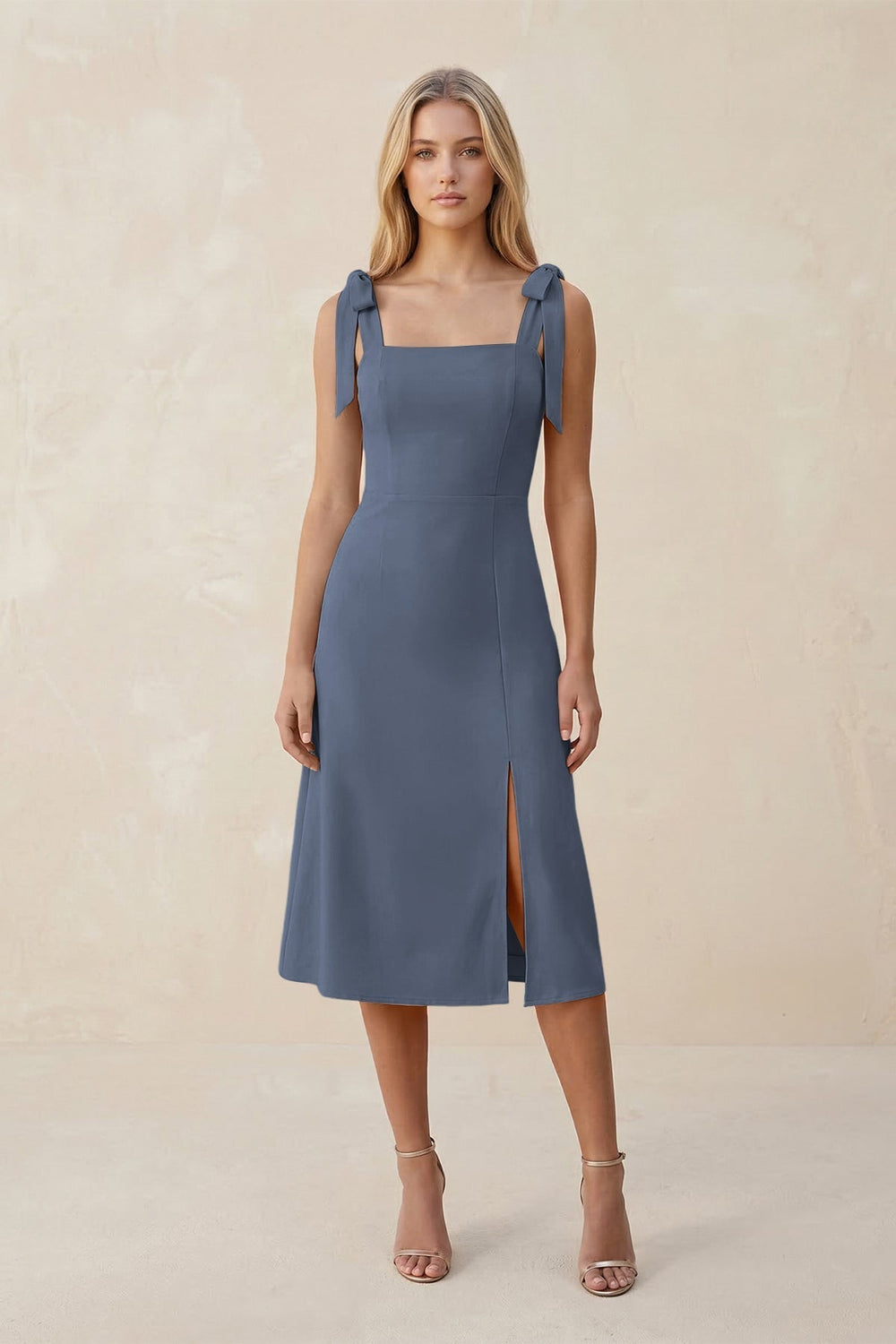 Square Neck A-Line Satin Midi Bridesmaid Dress With Bow in Neptune