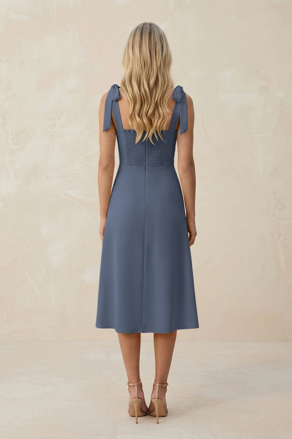 Square Neck A-Line Satin Midi Bridesmaid Dress With Bow in Neptune