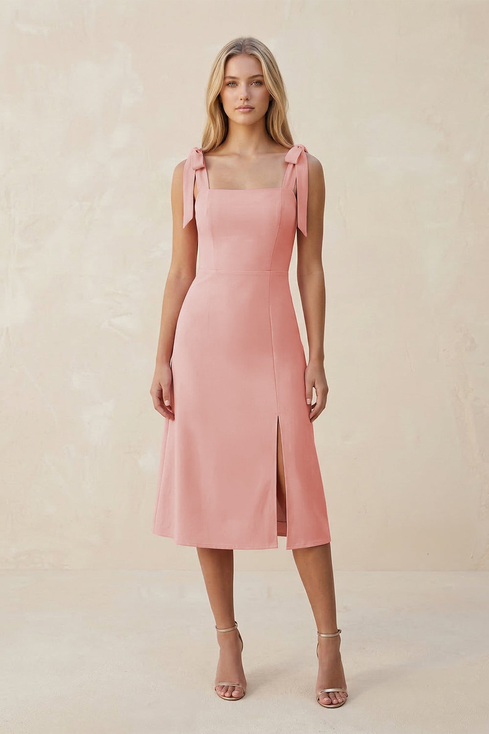 Square Neck A-Line Satin Midi Bridesmaid Dress With Bow in Rose Petal