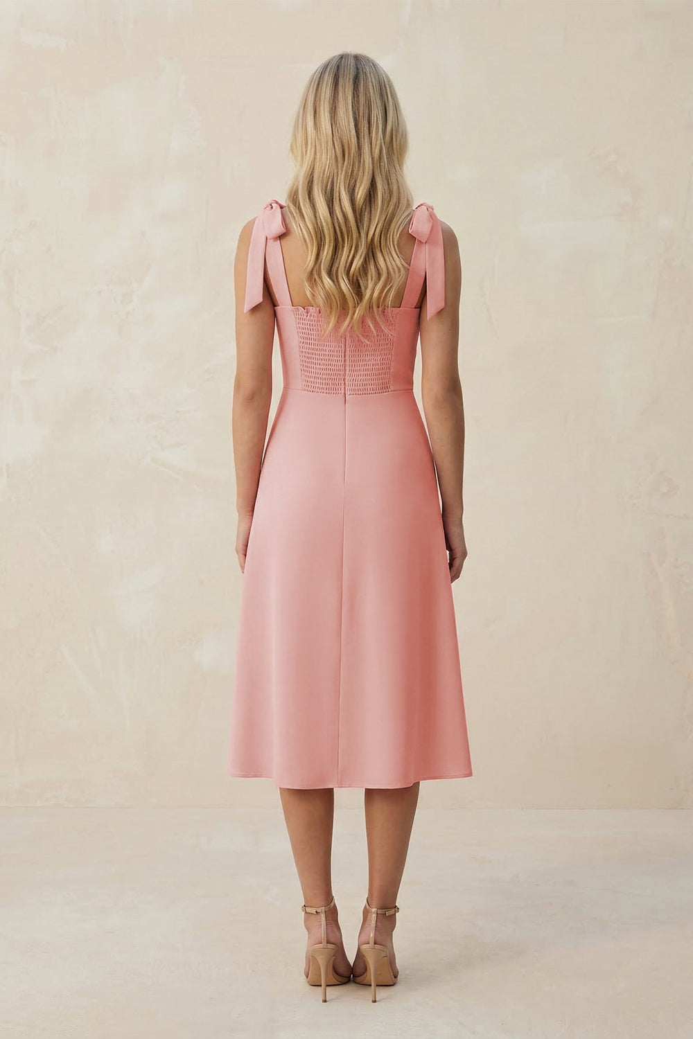 Square Neck A-Line Satin Midi Bridesmaid Dress With Bow in Rose Petal