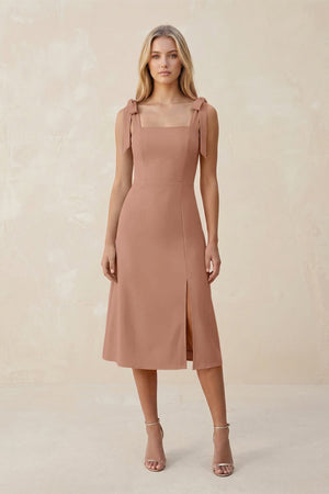 Square Neck A - Line Satin Midi Bridesmaid Dress With Bow in Rosette - KISS BRIDAL Bridesmaid Dresses