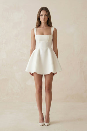 Square Neck A - Line Satin Mini Wedding Dress With Bow in Ivory - KISS BRIDAL Wedding Dresses