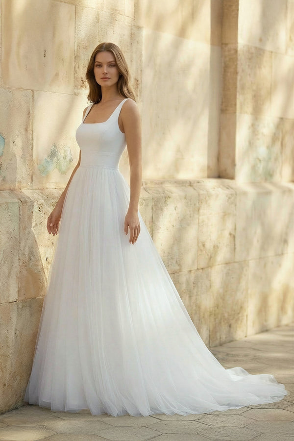 Square Neck A Line Tulle Wedding Dress in White - KISS BRIDAL Wedding Dresses