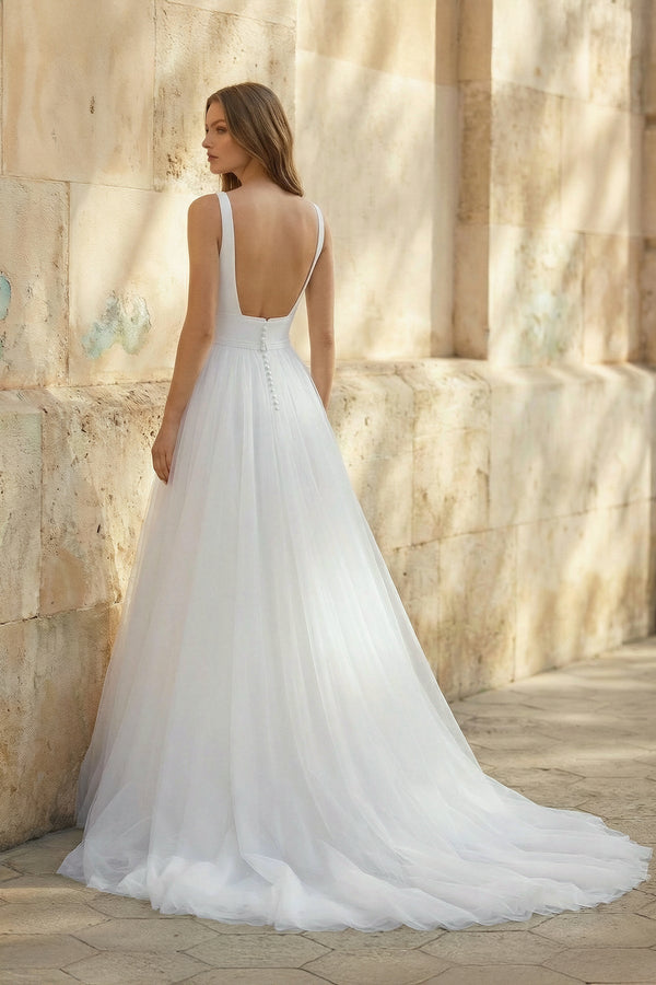Square Neck A Line Tulle Wedding Dress in White - KISS BRIDAL Wedding Dresses