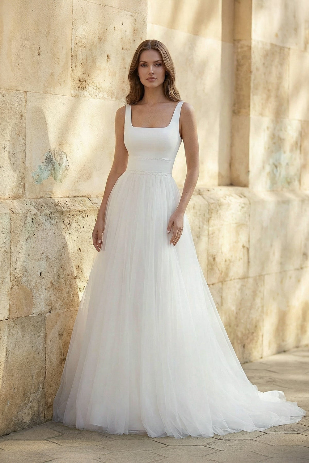 Square Neck A Line Tulle Wedding Dress in White