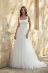 Square Neck A Line Tulle Wedding Dress in White - KISS BRIDAL Wedding Dresses
