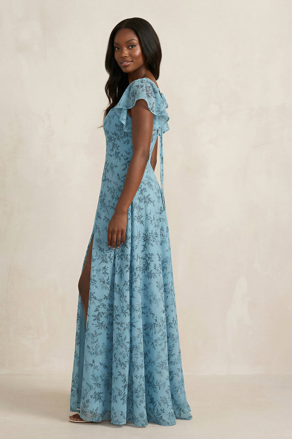 Square Neck Cap Sleeve A - Line Floral Chiffon Bridesmaid Dress in Adriatic Blue - KISS BRIDAL Bridesmaid Dresses