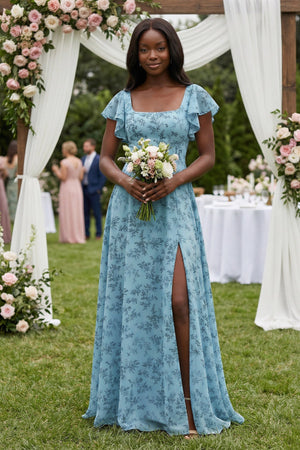 Square Neck Cap Sleeve A - Line Floral Chiffon Bridesmaid Dress in Adriatic Blue - KISS BRIDAL Bridesmaid Dresses