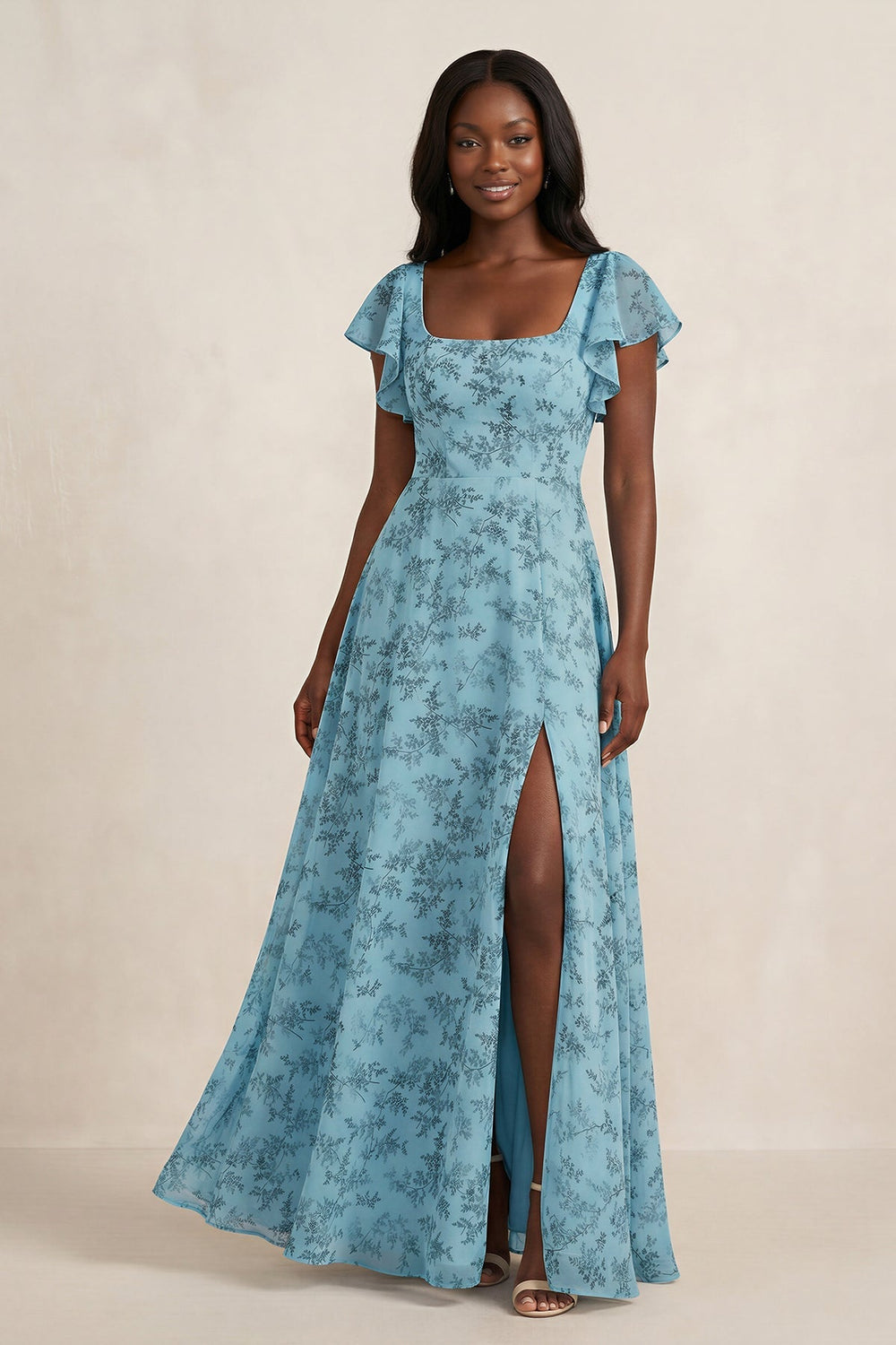Square Neck Short Sleeve A-Line Floral Chiffon Bridesmaid Dress in Adriatic Blue