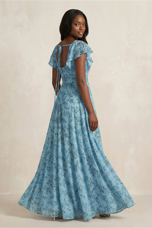 Square Neck Cap Sleeve A - Line Floral Chiffon Bridesmaid Dress in Adriatic Blue - KISS BRIDAL Bridesmaid Dresses