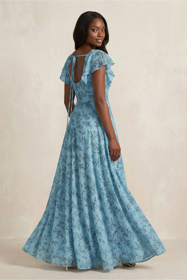 Square Neck Cap Sleeve A - Line Floral Chiffon Bridesmaid Dress in Adriatic Blue - KISS BRIDAL Bridesmaid Dresses