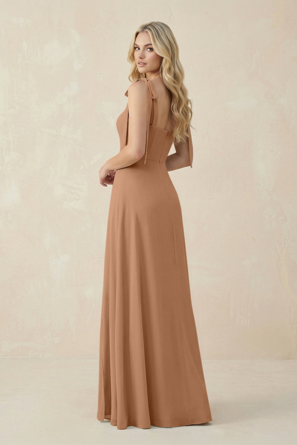 Square Neck Chiffon A-Line Bridesmaid Dress With Bow in Bronzer