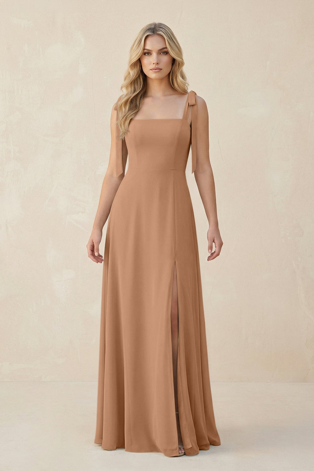 Square Neck Chiffon A-Line Bridesmaid Dress With Bow in Bronzer