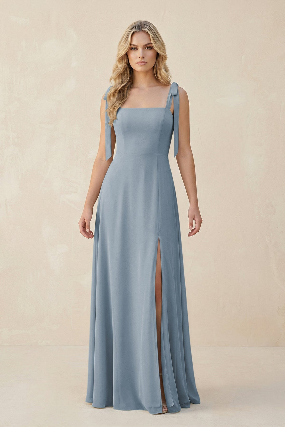 Square Neck Chiffon A-Line Bridesmaid Dress With Bow in Dusty Blue