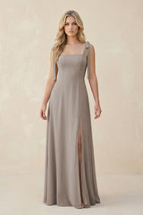 Square Neck Chiffon A-Line Bridesmaid Dress With Bow in Frost | KISSBRIDAL