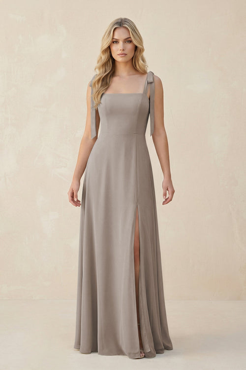Square Neck Chiffon A-Line Bridesmaid Dress With Bow in Frost | KISSBRIDAL