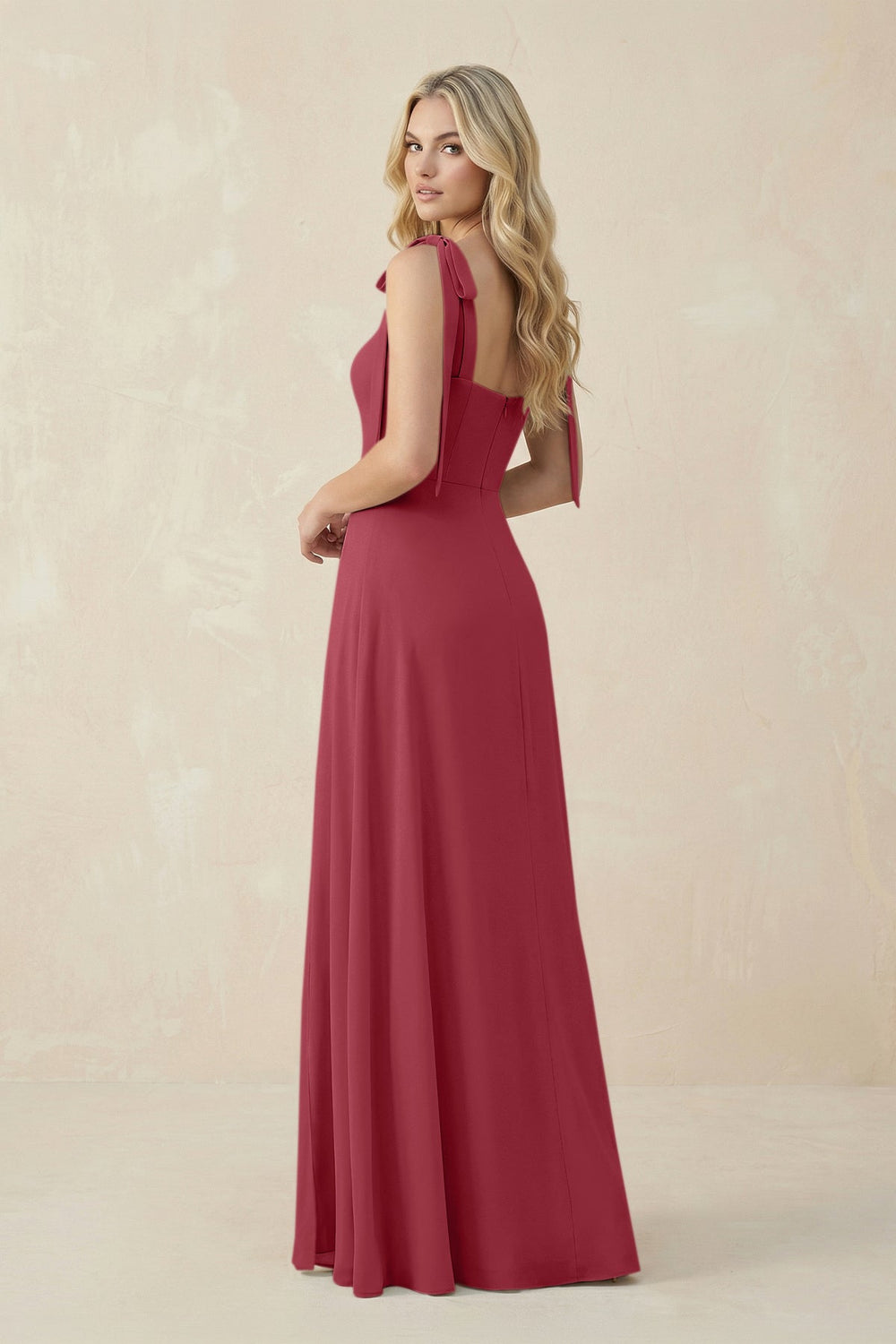 Square Neck Chiffon A-Line Bridesmaid Dress With Bow in Merlot