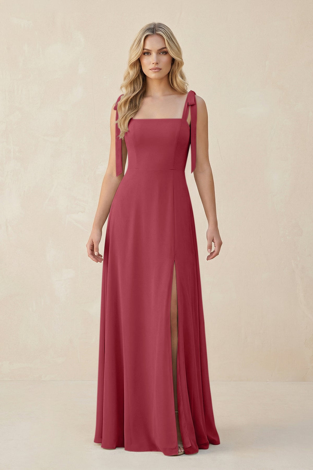 Square Neck Chiffon A-Line Bridesmaid Dress With Bow in Merlot