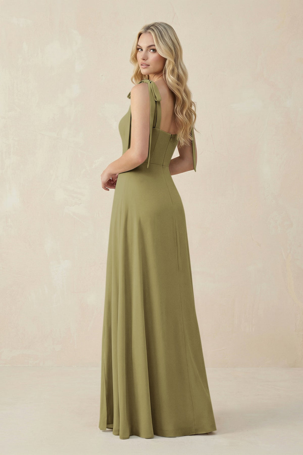 Square Neck Chiffon A-Line Bridesmaid Dress With Bow in Moss Green