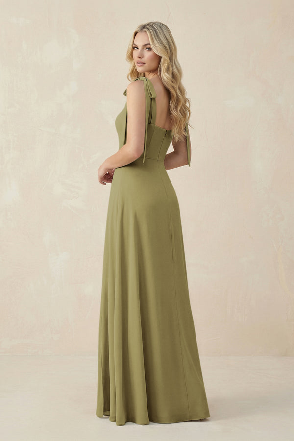 Square Neck Chiffon A-Line Bridesmaid Dress With Bow in Moss Green (2) | KISSBRIDAL