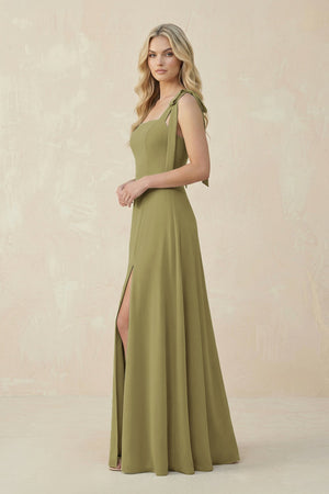 Square Neck Chiffon A-Line Bridesmaid Dress With Bow in Moss Green (3) | KISSBRIDAL