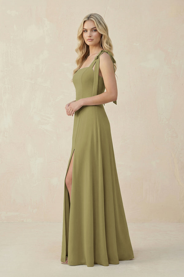 Square Neck Chiffon A-Line Bridesmaid Dress With Bow in Moss Green (3) | KISSBRIDAL